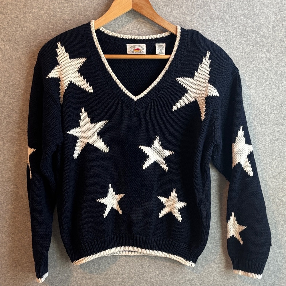 Vtg Marsh Landings Petites Navy & White Star V-Neck Sweater size Medium Petite